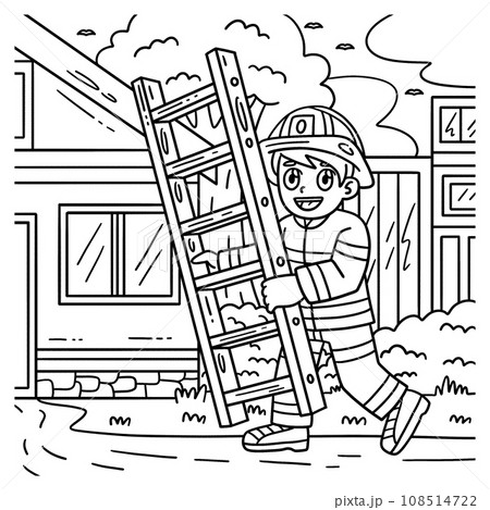 Firefighter with a ladder coloring page for kids