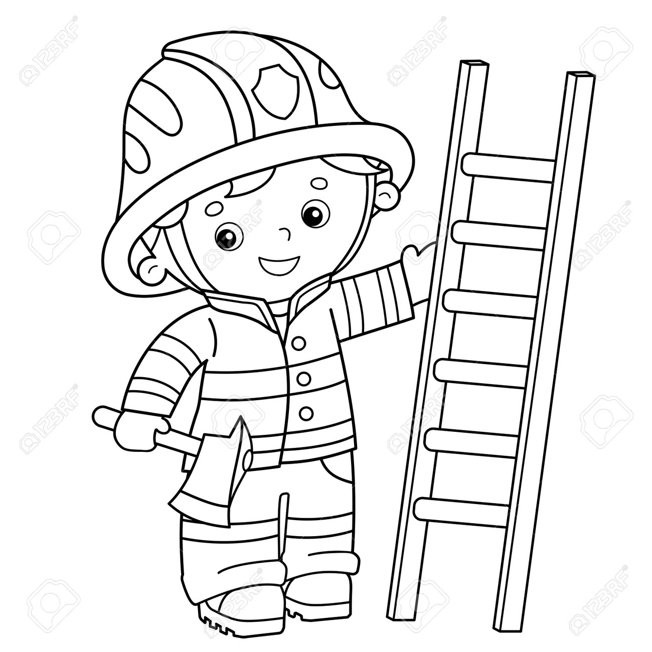 Coloring page outline of cartoon fireman or firefighter with a fire extinguishing ladder and a hatchet profession coloring book for kids royalty free svg cliparts vectors and stock illustration image