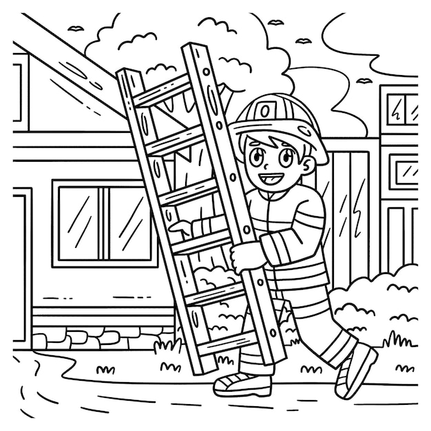 Premium vector a cute and funny coloring page of firefighter with a ladder provides hours of coloring fun for children to color this page is very easy suitable for little kids