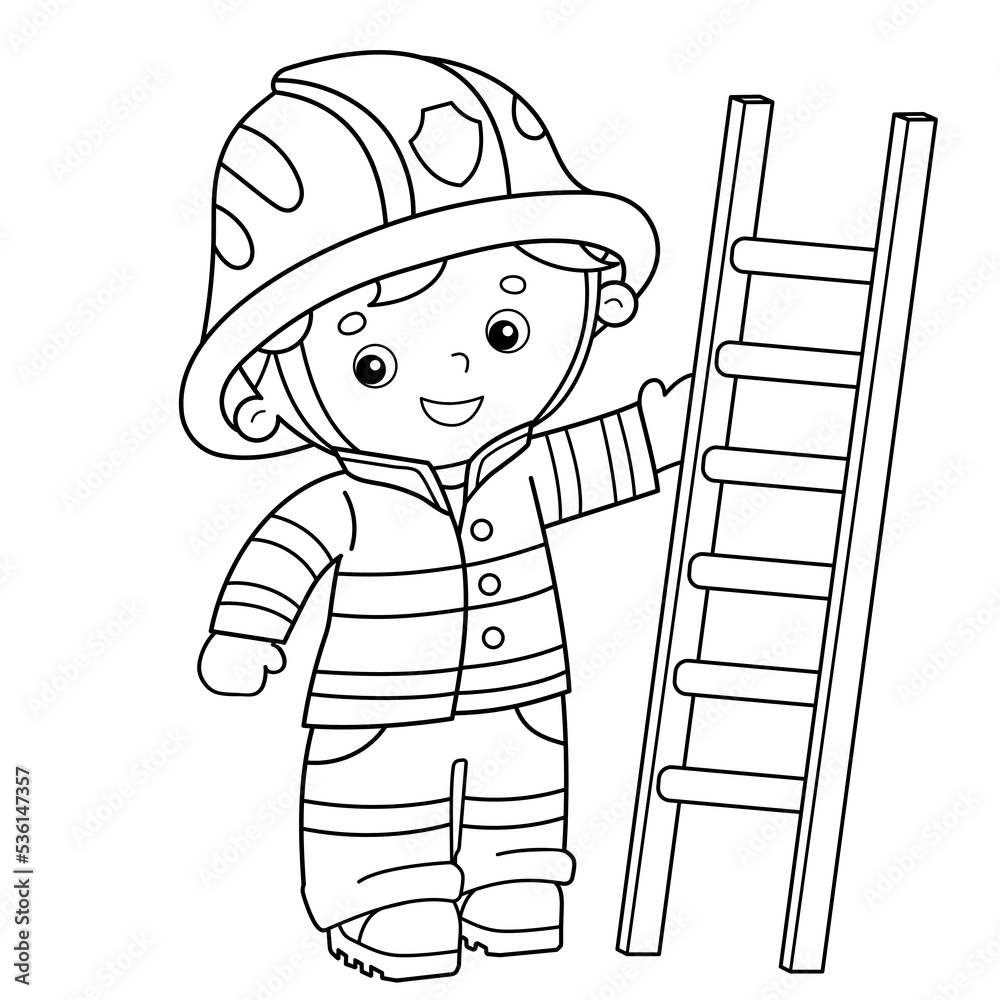 Coloring page outline of cartoon fireman or firefighter with a fire extinguishing ladder profession coloring book for kids vector