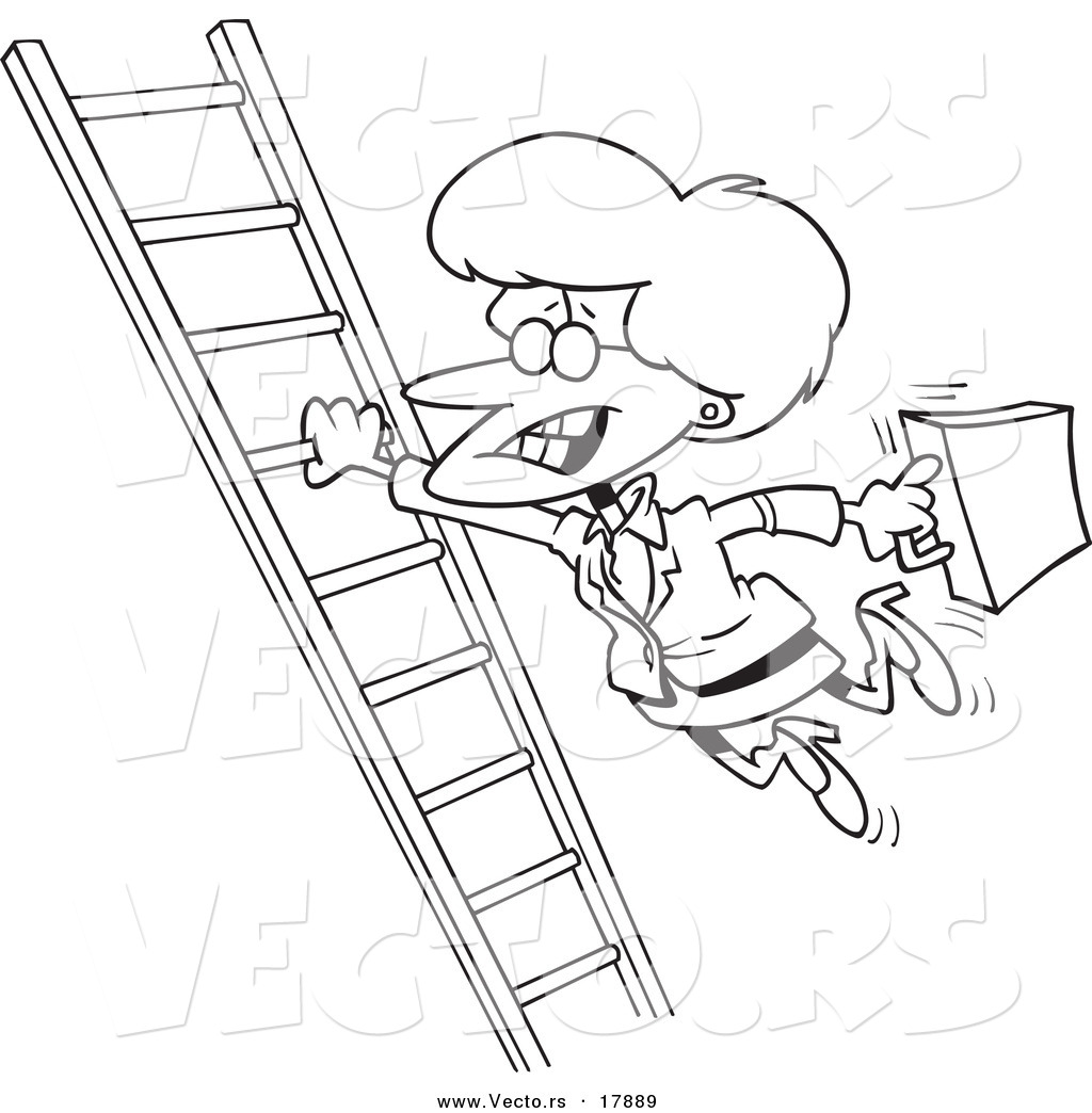 R of a cartoon businesswoman holding onto a ladder with one hand