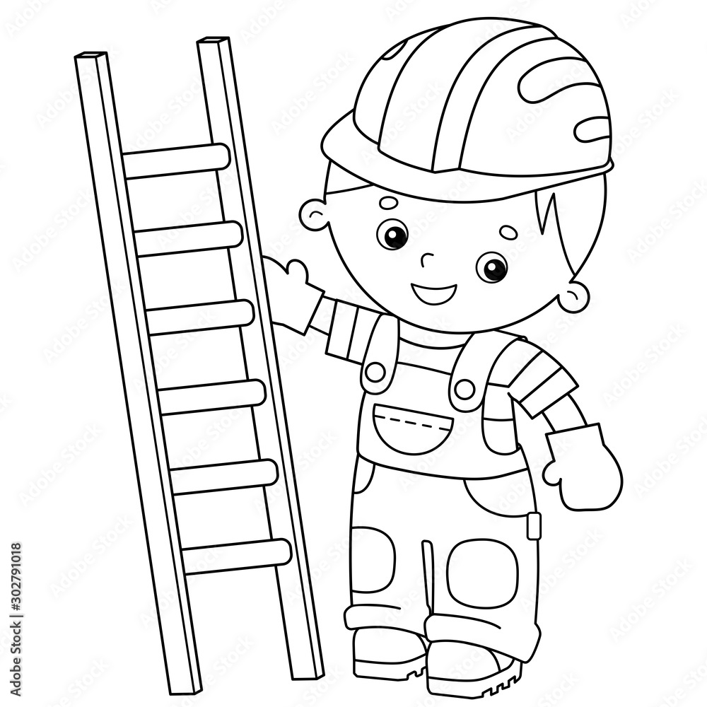 Coloring page outline of cartoon builder with step ladder profession coloring book for kids vector