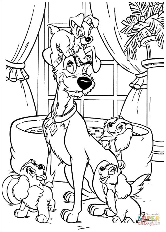 The tramp and puppies coloring page free printable coloring pages