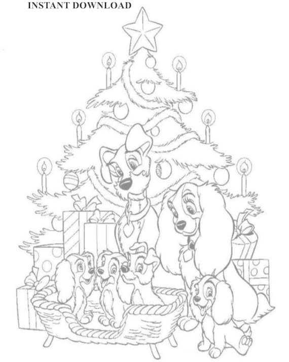 Printable ladytramp and puppies christmas coloring pageinstant downloaddigital file x printable kids coloring download