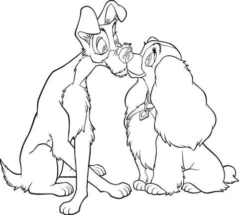 The tramp and lady are in love coloring page free printable coloring pages