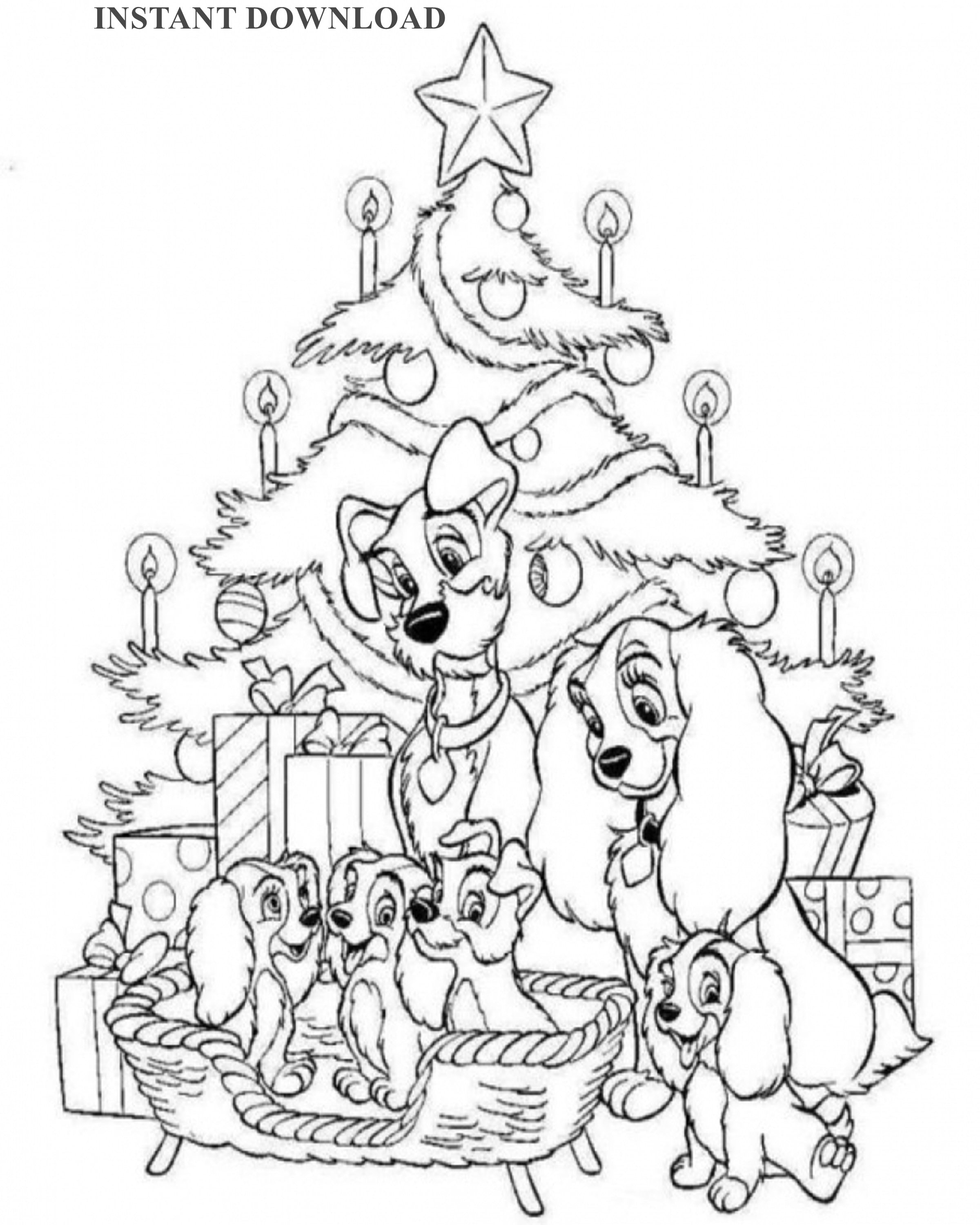 Printable ladytramp and puppies christmas coloring pageinstant downloaddigital file x printable kids coloring download
