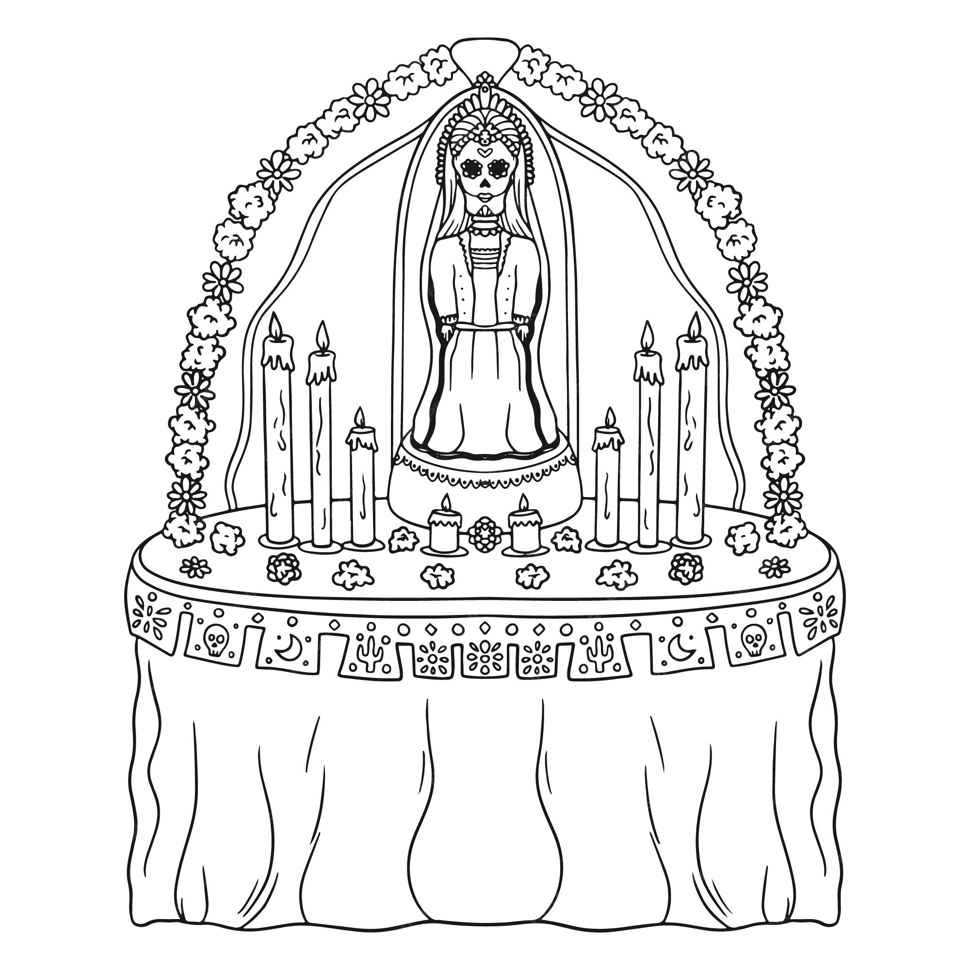 Free vector hand drawn altar de dia de muertos coloring page illustration