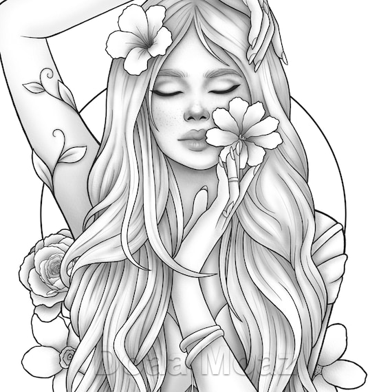 Printable coloring page fantasy character girl floral portrait