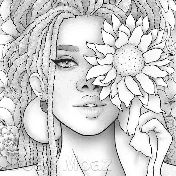 Printable coloring page black girl floral portrait