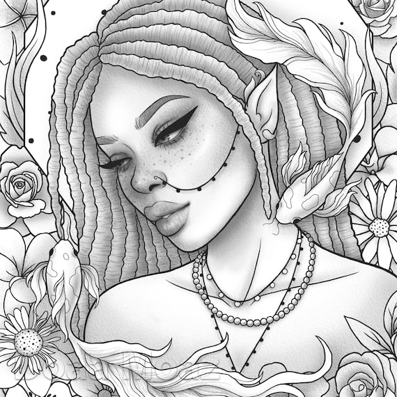 Printable coloring page black girl dreadlocks floral portrait