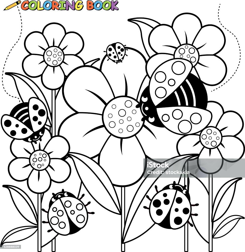Coloring book page ladybugs and flowers stock illustration