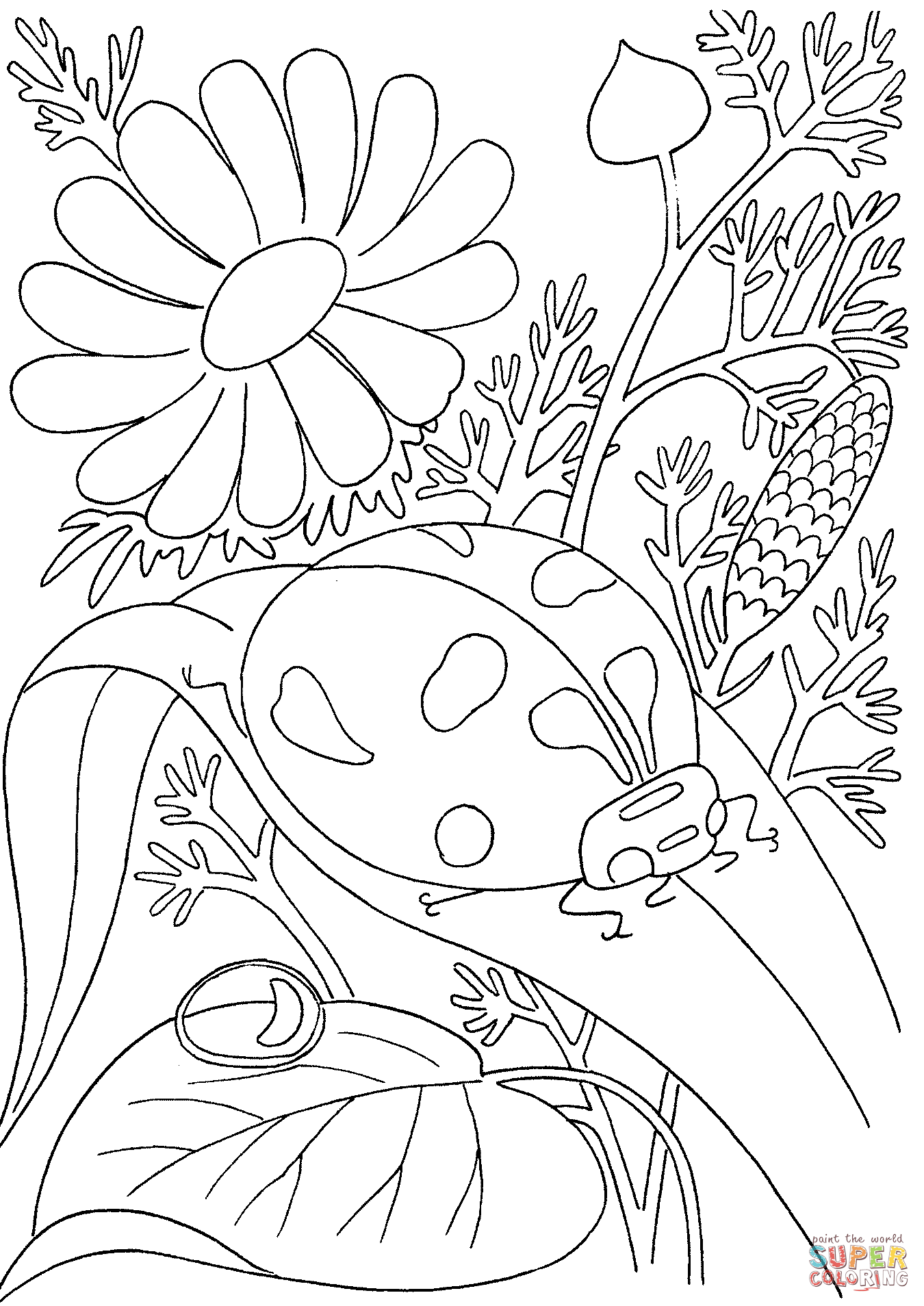 Ladybird among flowers coloring page free printable coloring pages