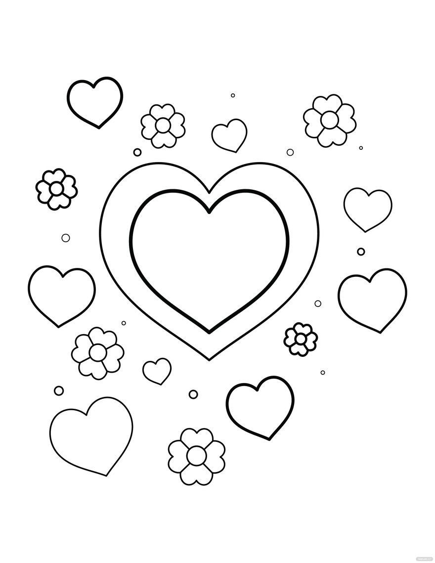 Free hearts and flowers coloring page for kids