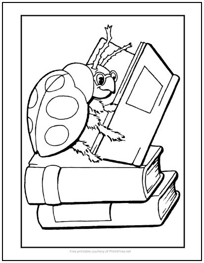 Ladybug with books coloring page print it free