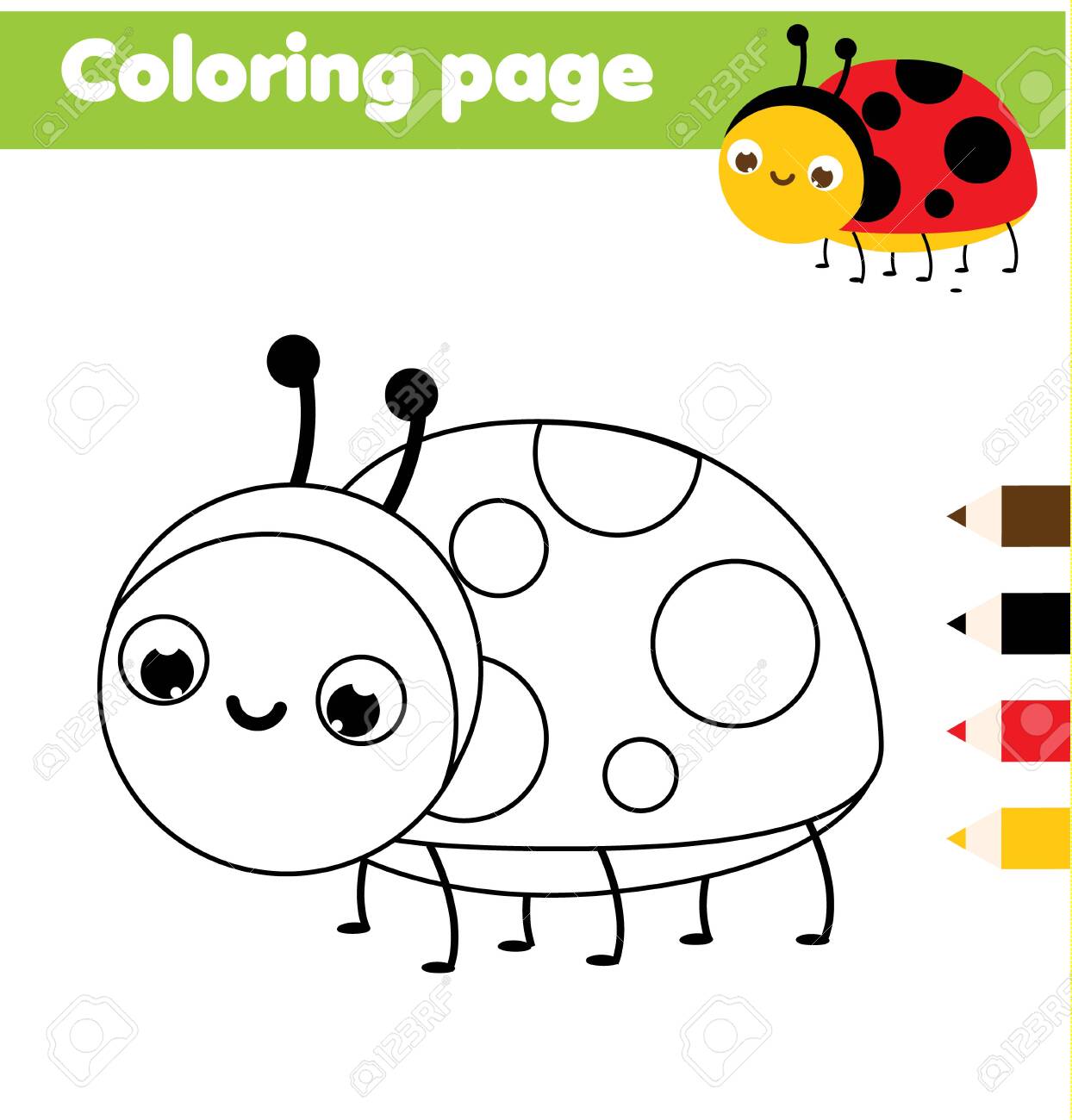 Coloring page with cartoon ladybug drawing kids activity printable fun for toddlers and children insects theme royalty free svg cliparts vectors and stock illustration image