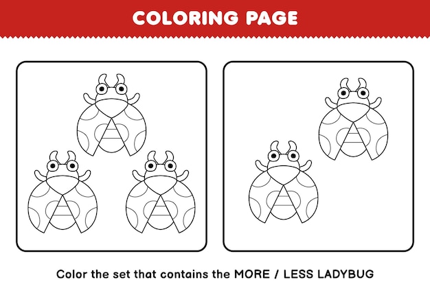 Premium vector education game for children coloring page more or less picture of cute cartoon ladybug line art set printable bug worksheet