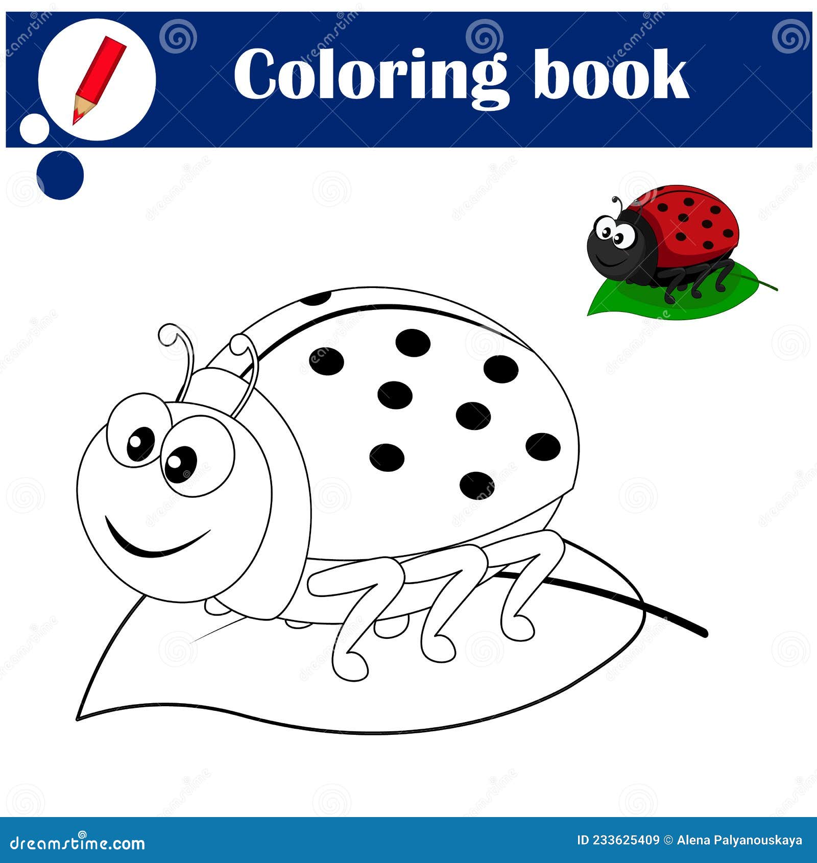 Coloring pages cute ladybug on a green leaf stock vector