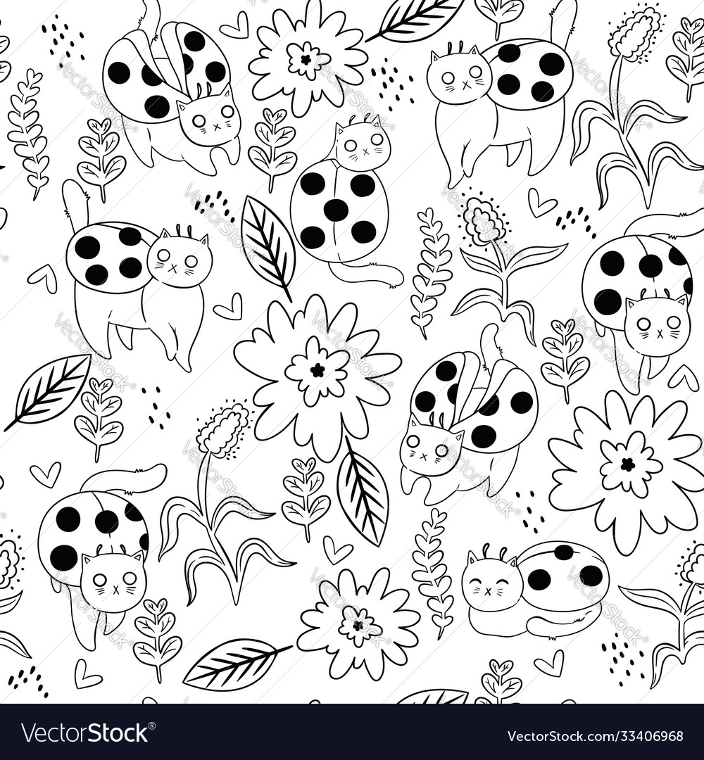 Coloring page seamless pattern cat ladybugs vector image
