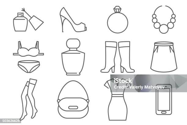 Womens accessories and clothes line icons set stock illustration