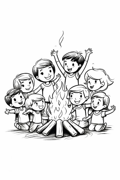 Premium ai image a black and white drawing of a group of children around a campfire generative ai