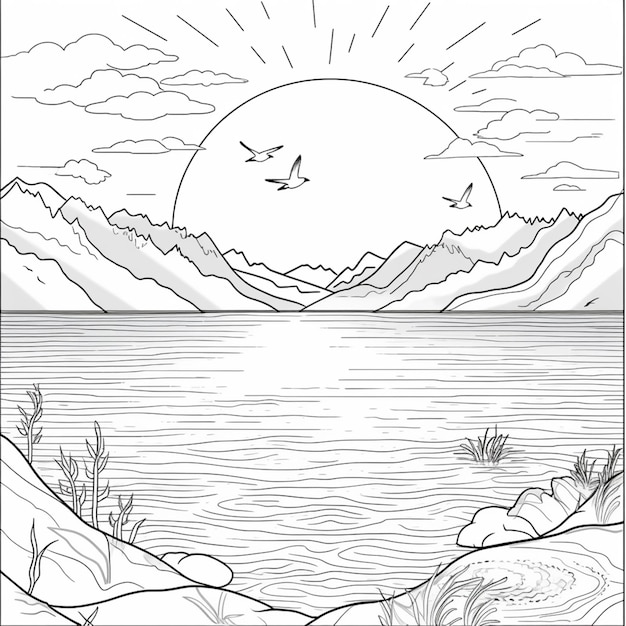Premium ai image a coloring page with a lake and mountains in the background generative ai