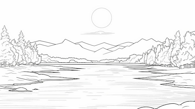 Premium ai image landscape coloring pages for adults mountain lake forest tree and lake