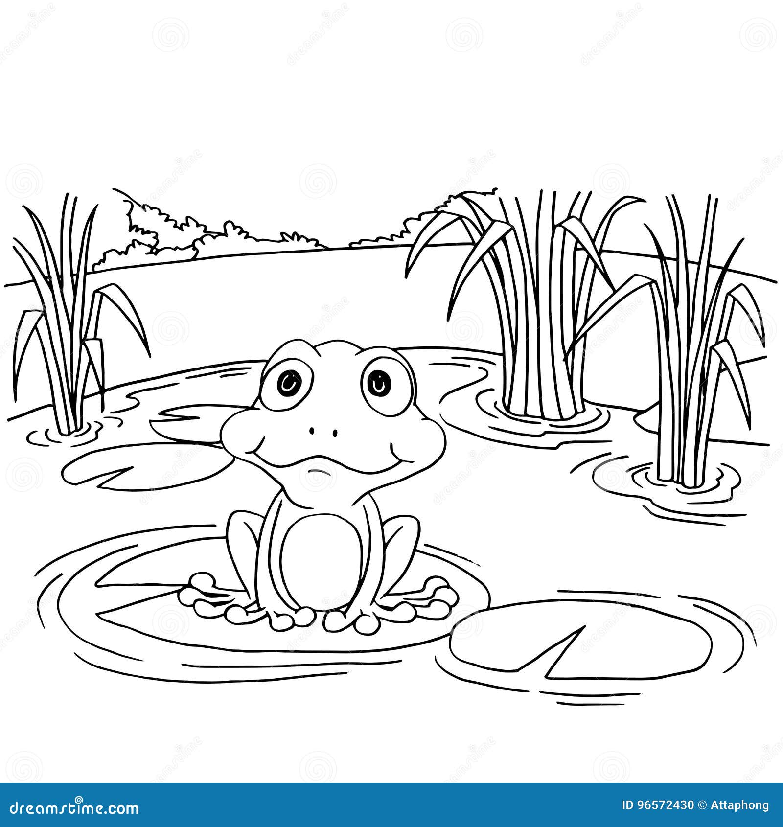 Cartoon frog on lily pad at lake coloring page vector stock vector