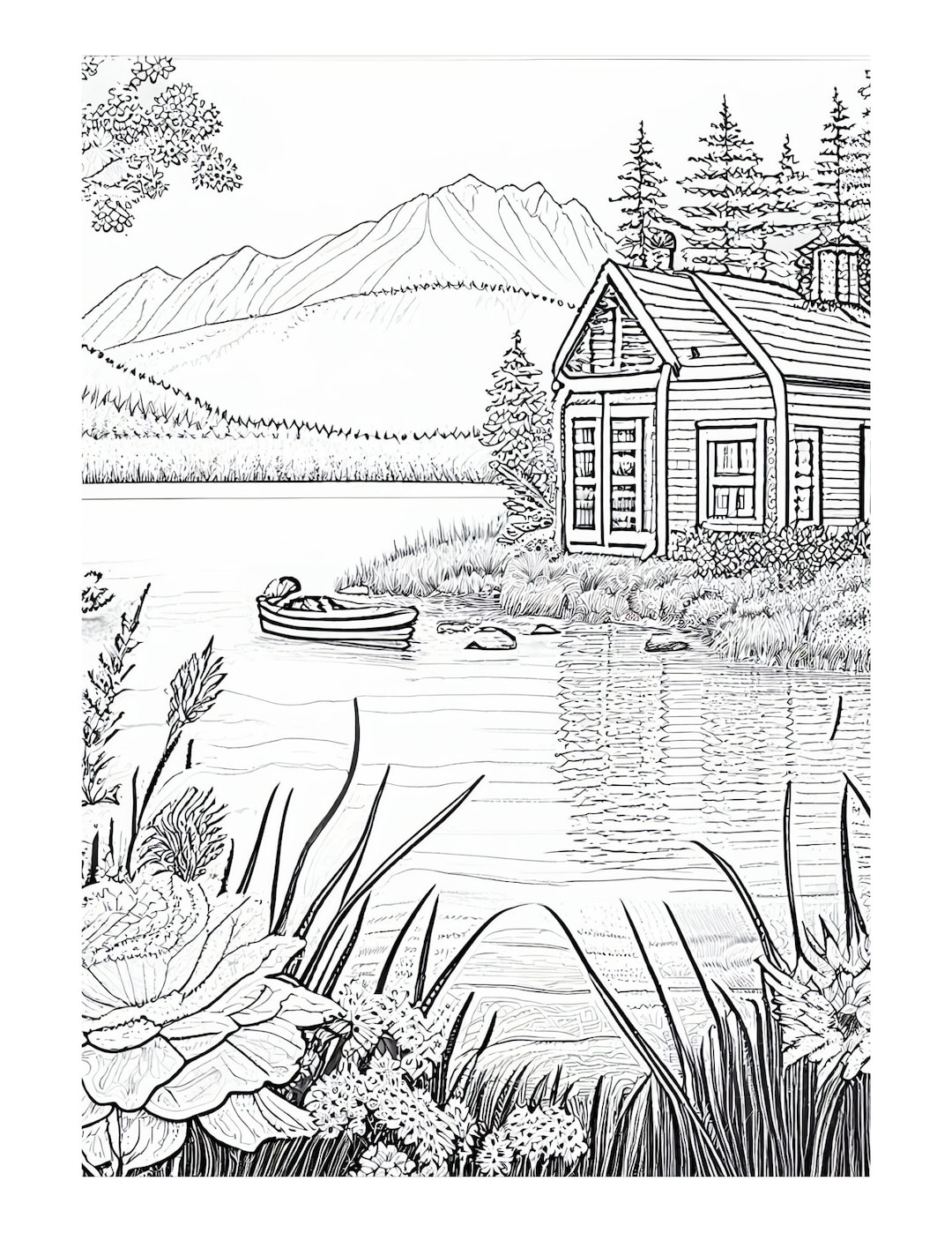 Digital print instant download cabin by the lake coloring page for kids teens or adults