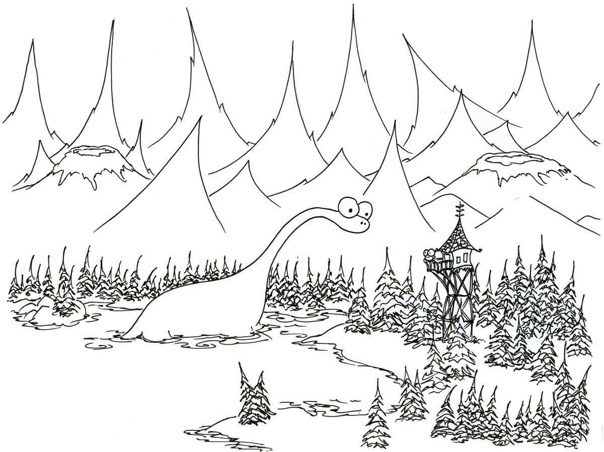 Coloring page a dinosaur in a lake