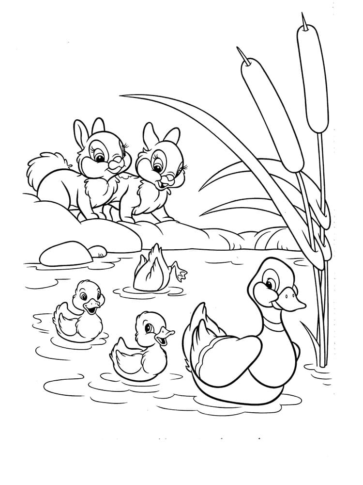Rabbits watching ducks swimming in the lake coloring page