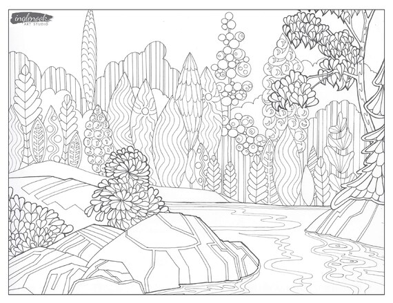 Lake shoreline nature trees shore lake of the woods kenora coloring original art colouring page printable