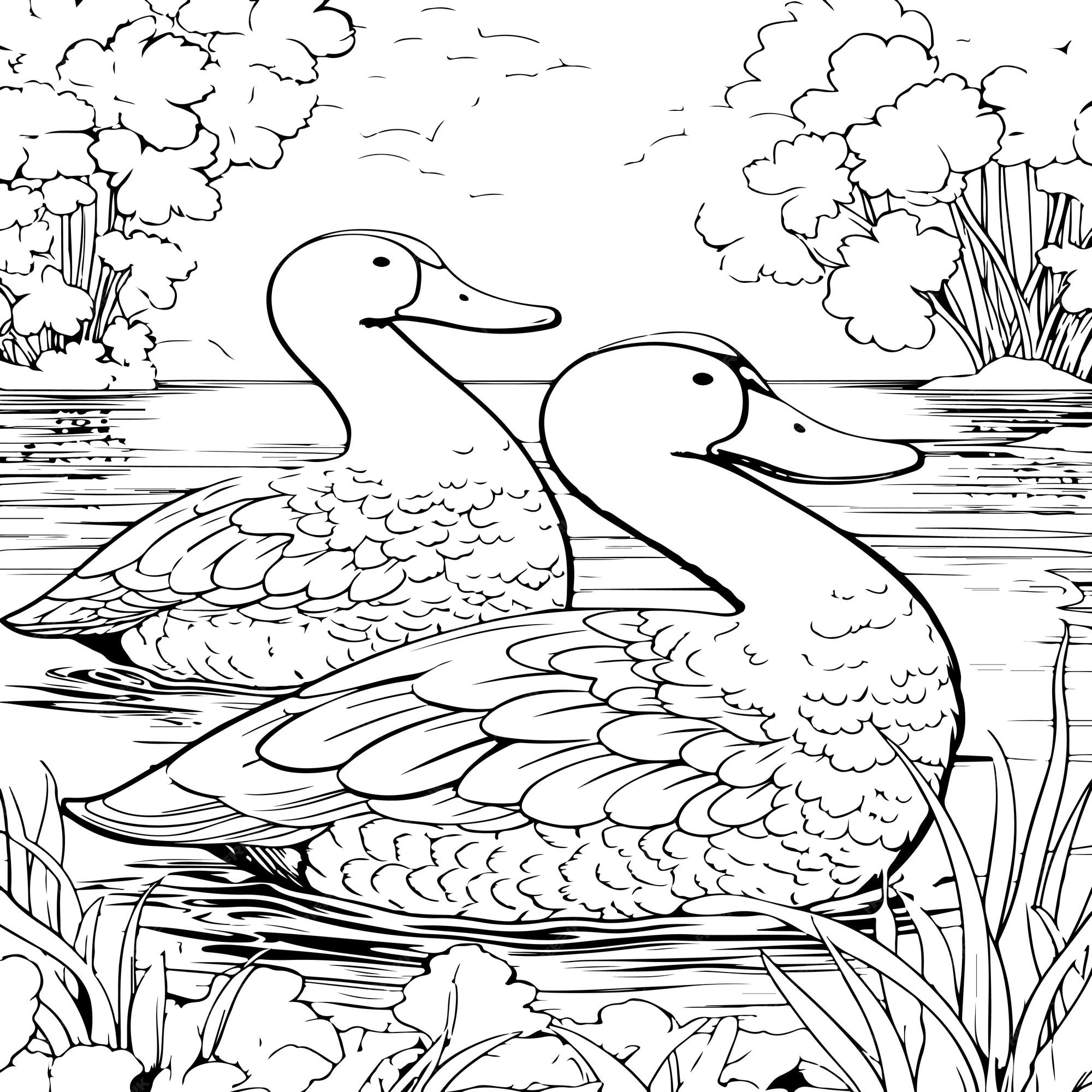 Premium vector ducks on a lake coloring page