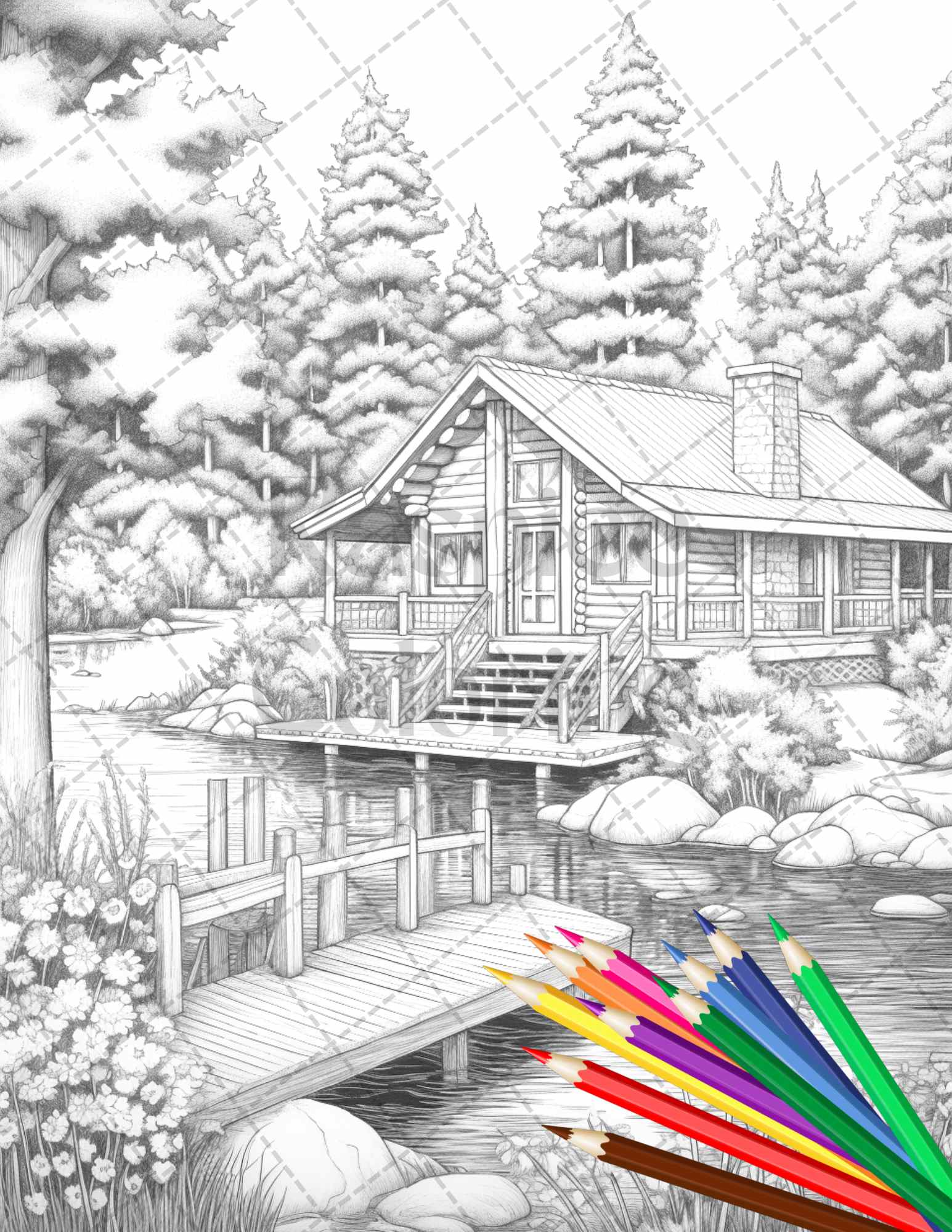 Lake cabin scenery grayscale coloring pages printable for adults pdf â coloring
