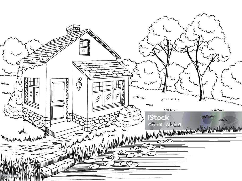 Lake house graphic black white landscape sketch illustration vector stock illustration