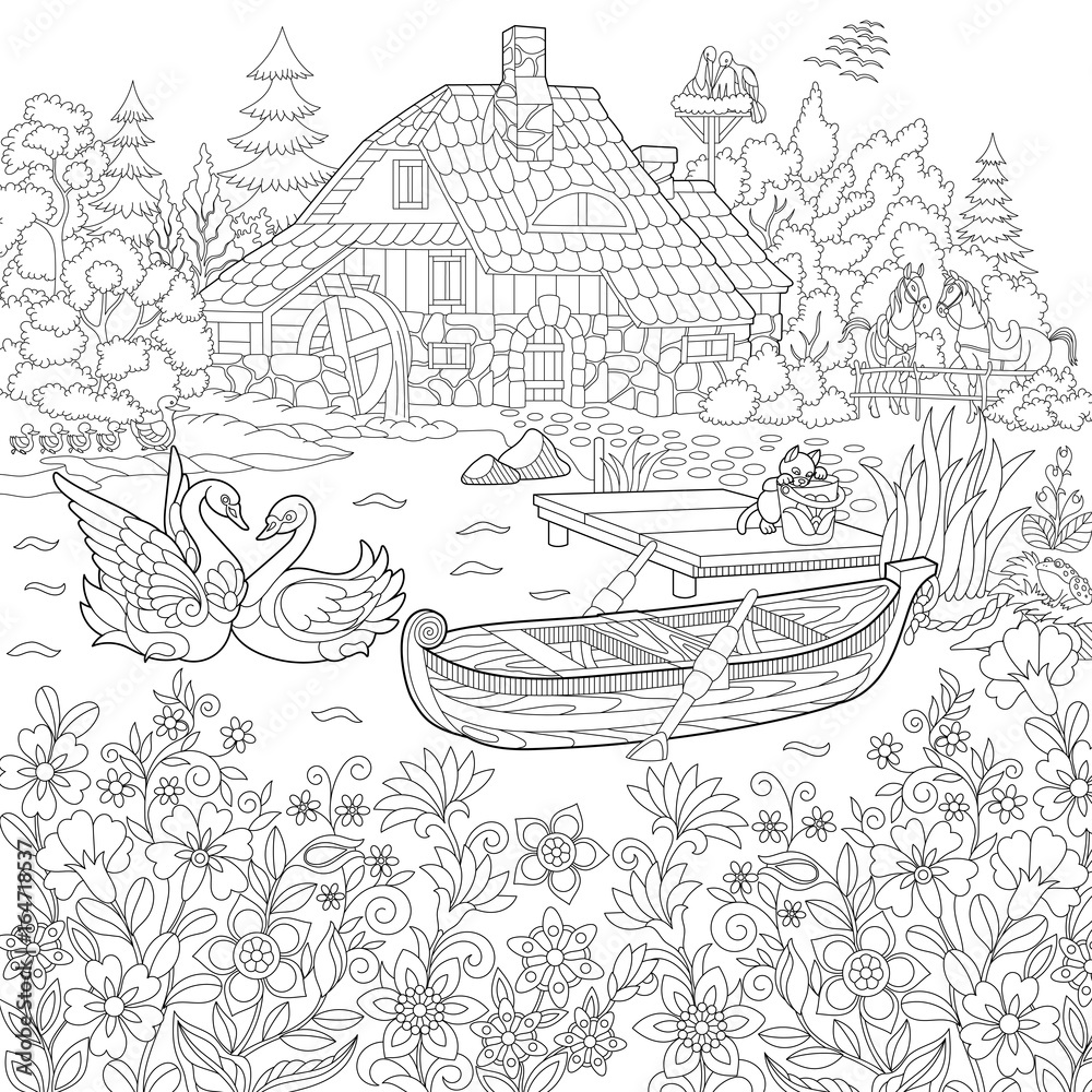 Coloring book page of rural landscape flower meadow lake farm house ducks kitten swans horses frog storks freehand drawing for adult antistress colouring with doodle and zentangle elements vector
