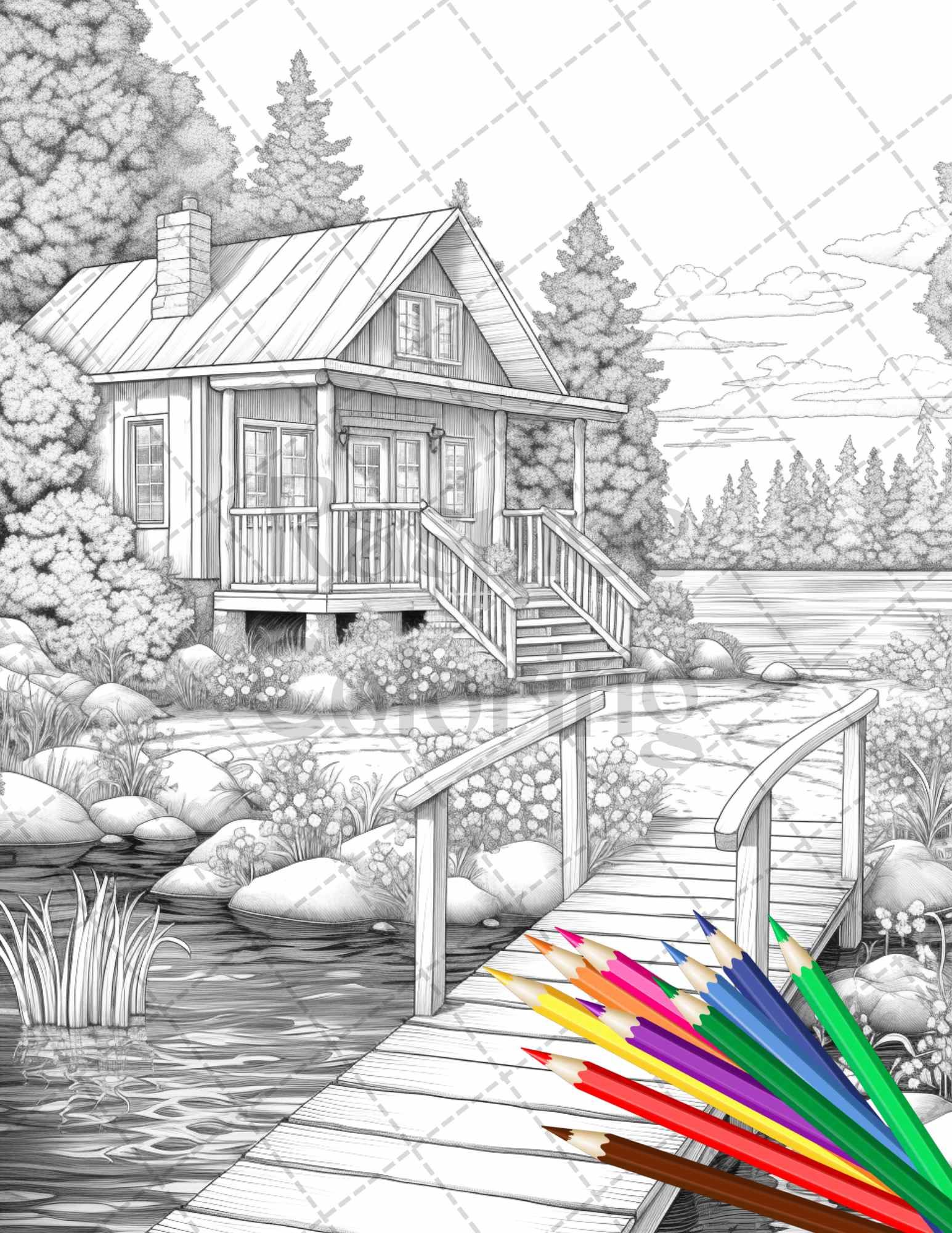 Lake cabin scenery grayscale coloring pages printable for adults pdf grayscale coloring grayscale scenery