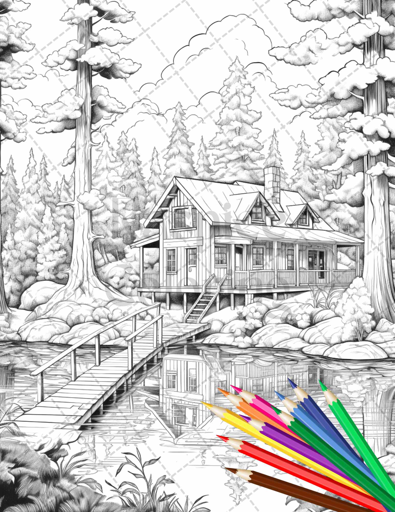 Lake cabin scenery grayscale coloring pages printable for adults pdf â coloring