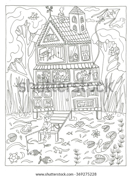 Lake house coloring page stock illustration