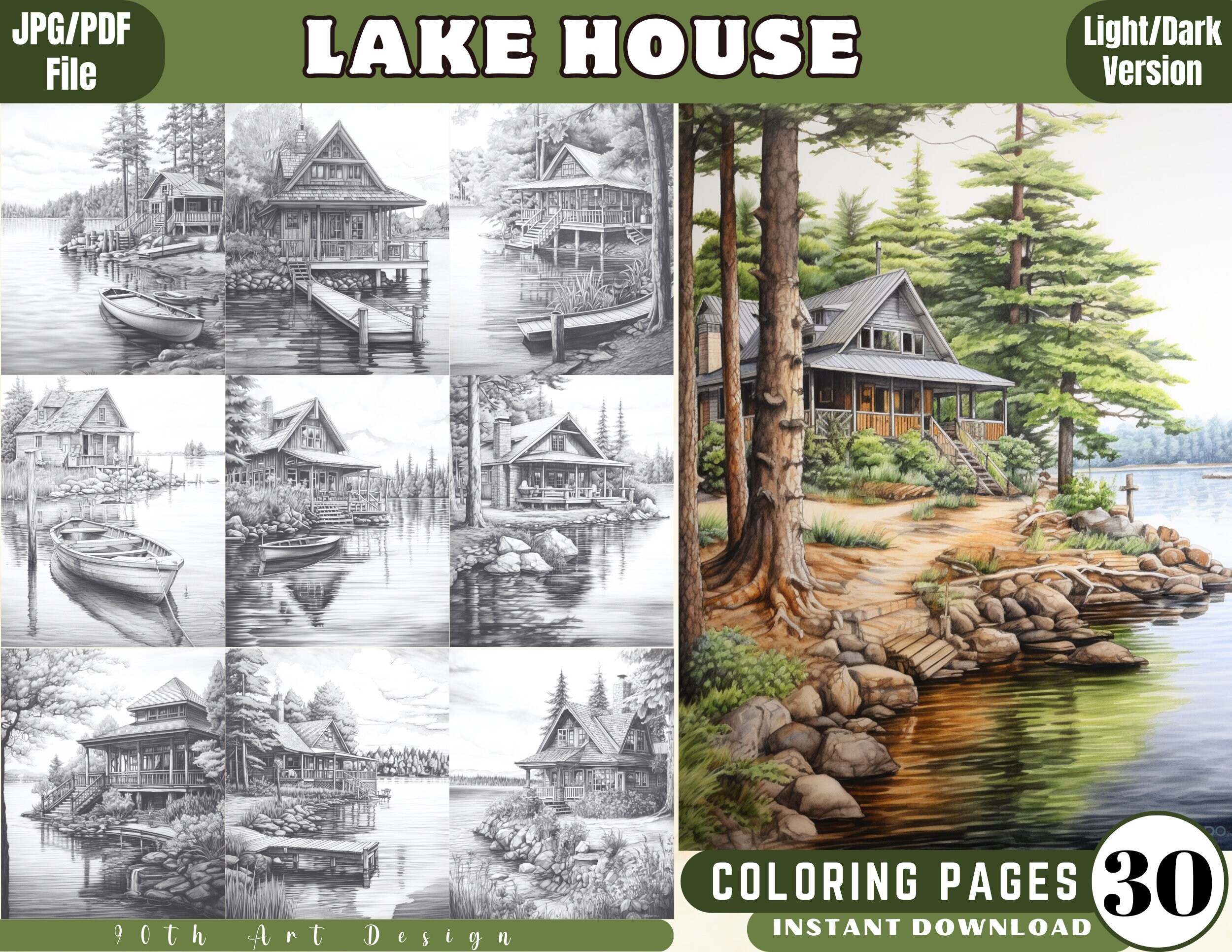 Lake house grayscale coloring pages landscape coloring page printable pdfjpg coloring pages lightdark version instant download