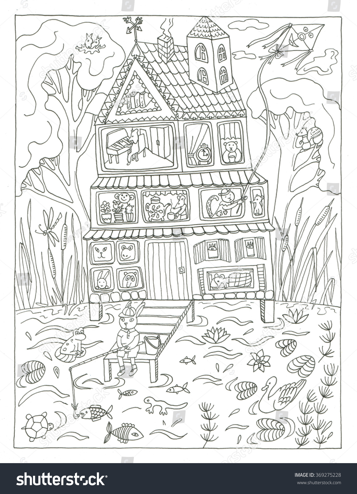 Lake house coloring page stock illustration