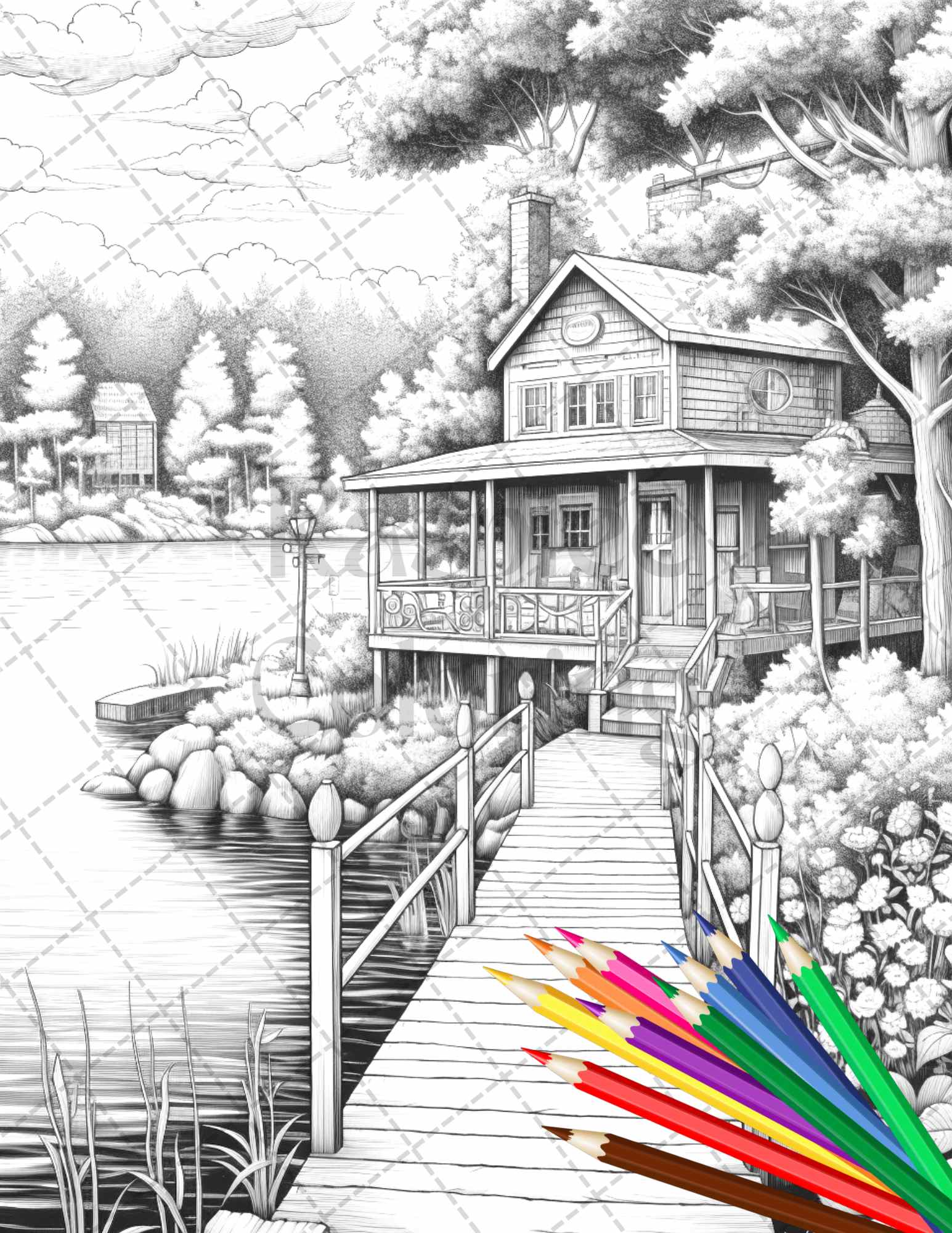Lake cabin scenery grayscale coloring pages printable for adults pdf â coloring