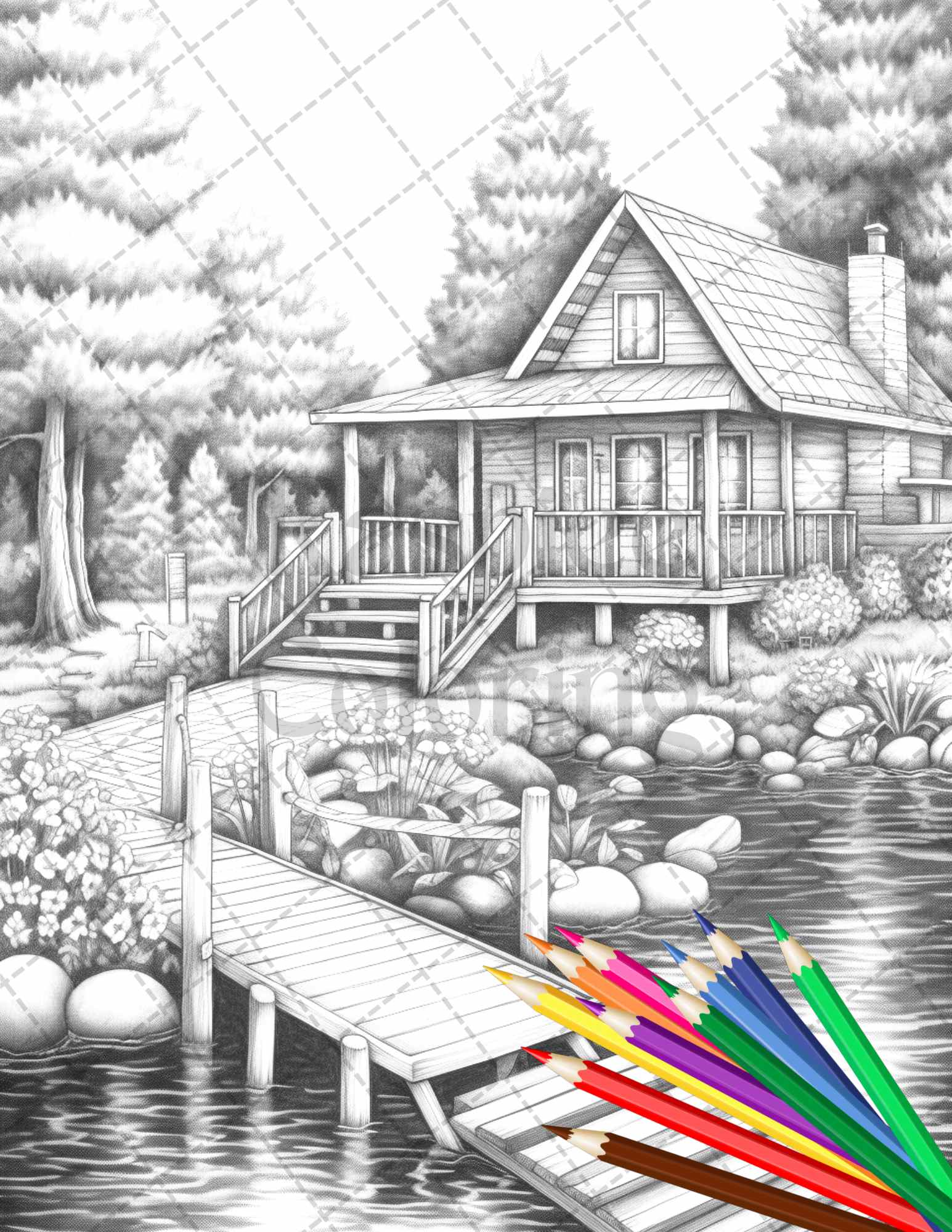 Lake cabin scenery grayscale coloring pages printable for adults pdf â coloring