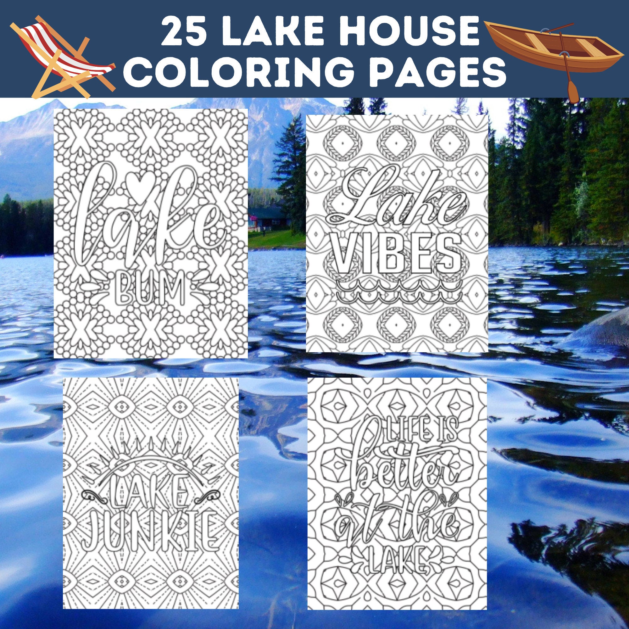 Lake house coloring pages bundle lake lover printables lake vacation coloring book coloring for lake lover instant download