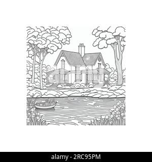 A beautiful house by the river coloring book stock vector image art