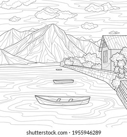 House by lake mountainscoloring book antistress stock vector royalty free