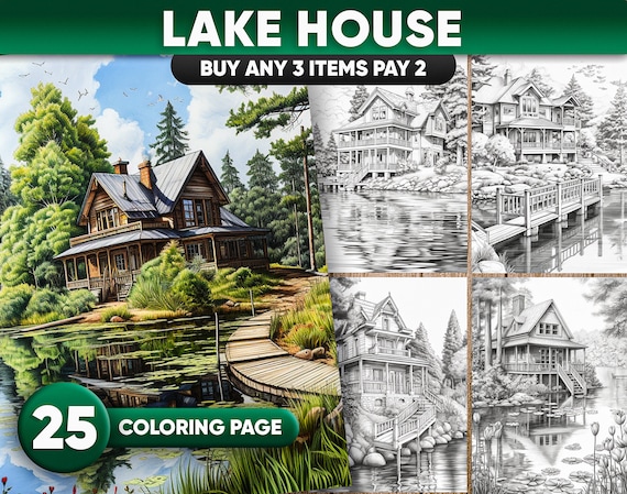 Lake house nature forest coloring book for adults grayscale