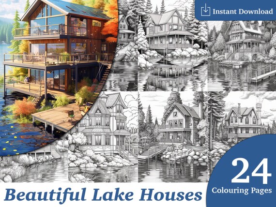 Beautiful lake houses coloring book adults coloring pages instant download grayscale coloring book printable coloring book pdf