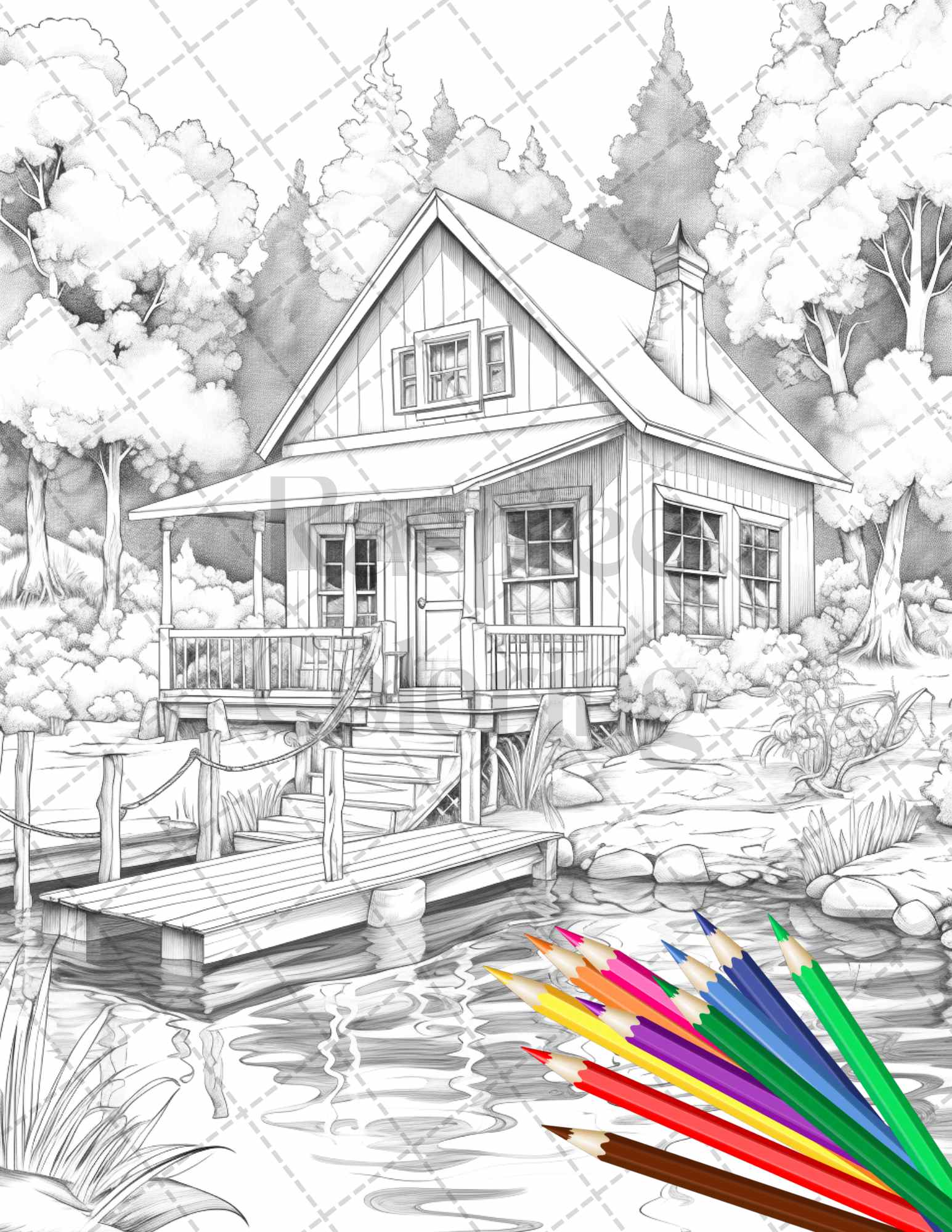 Lake cabin scenery grayscale coloring pages printable for adults pdf â coloring