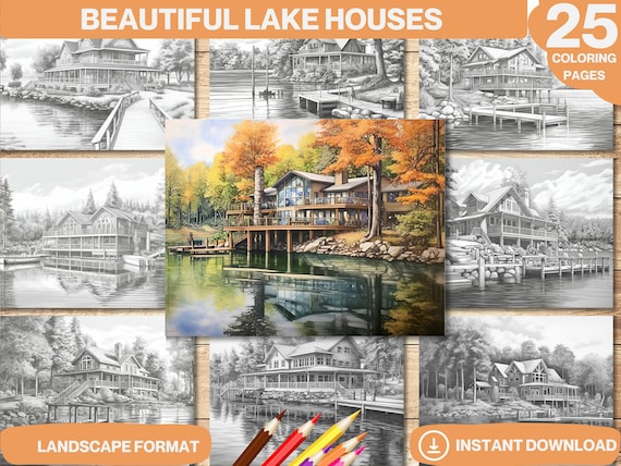 Beautiful lake house coloring book lake cottage coloring pages printable grayscale colouring book instant download printable pdf file