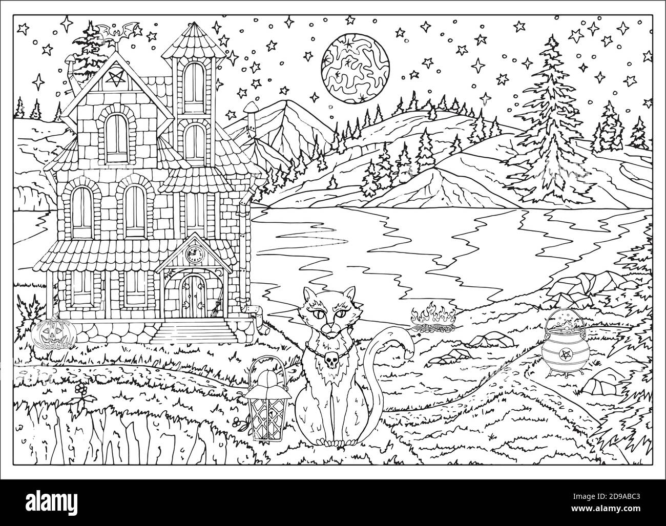 Halloween spooky scene with house cat lake trees at night with full moon hand drawn vector illustration for coloring page and book black and whit stock vector image art